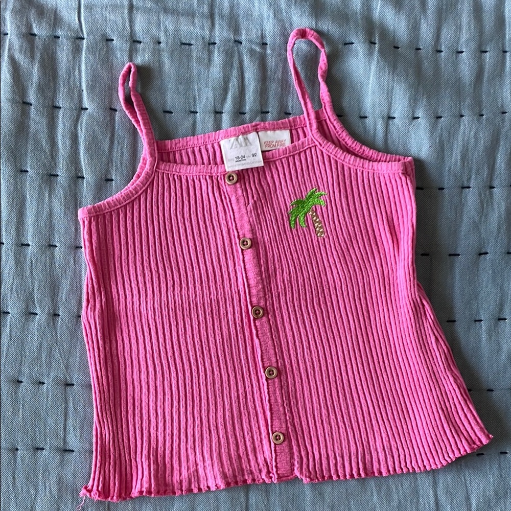 Zara Pink Button-Up Tank Top with Palm Tree Embroidery
